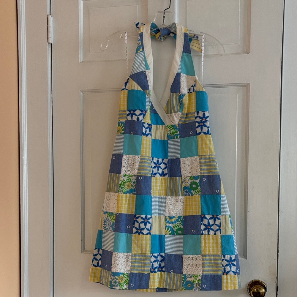 Lilly Pulitzer Blue and Yellow Patchwork Halter Dress